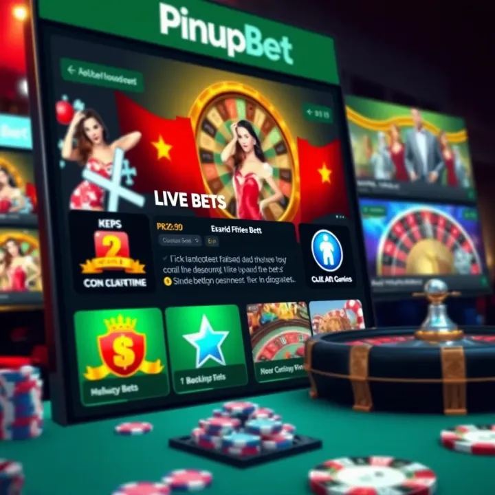 Overview of Betting Features on PinupBet App Display of various betting features such as live bets and casino games on PinupBet app