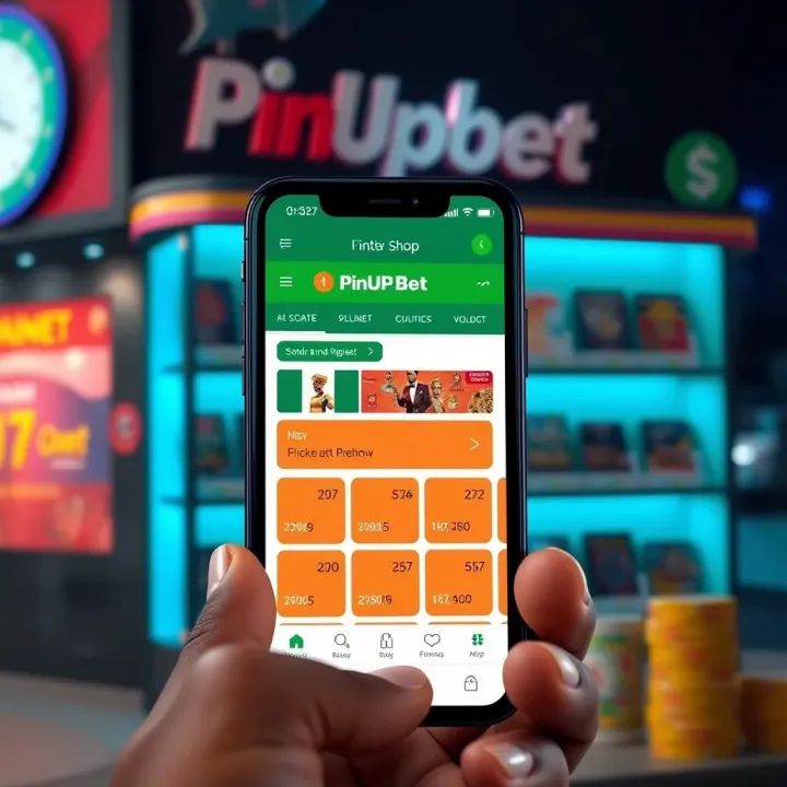 Mobile phone displaying PinUpBet app interface with Nigerian currency symbols