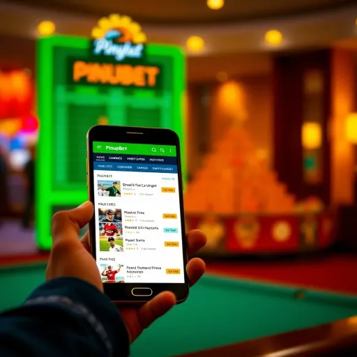 Smartphone displaying PinupBet mobile app with sports betting options on screen