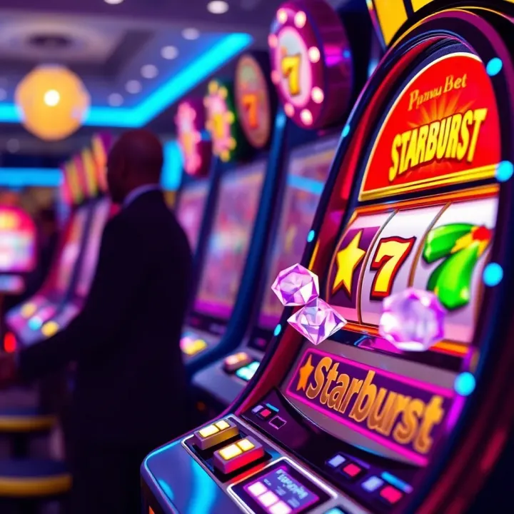 Bright casino slot machine featuring Starburst symbols and sparkling jewels