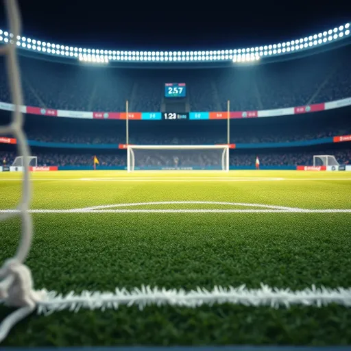 Football pitch with goalposts and a scoreboard showing a low scoring match